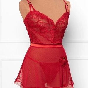 Mentionables Red Swiss Dot Lace Babydoll /Thong NWT Valentine’s Day Lingerie